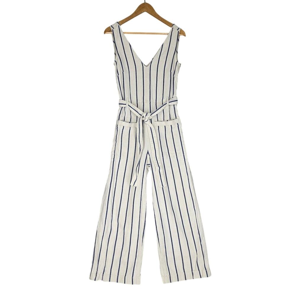 MADEWELL WOMEN'S CASUAL STRIPED WIDE‑LEG JUMPSUIT – SIZE M – WHITE/NAVY STRIPES - Picture 1 of 12
